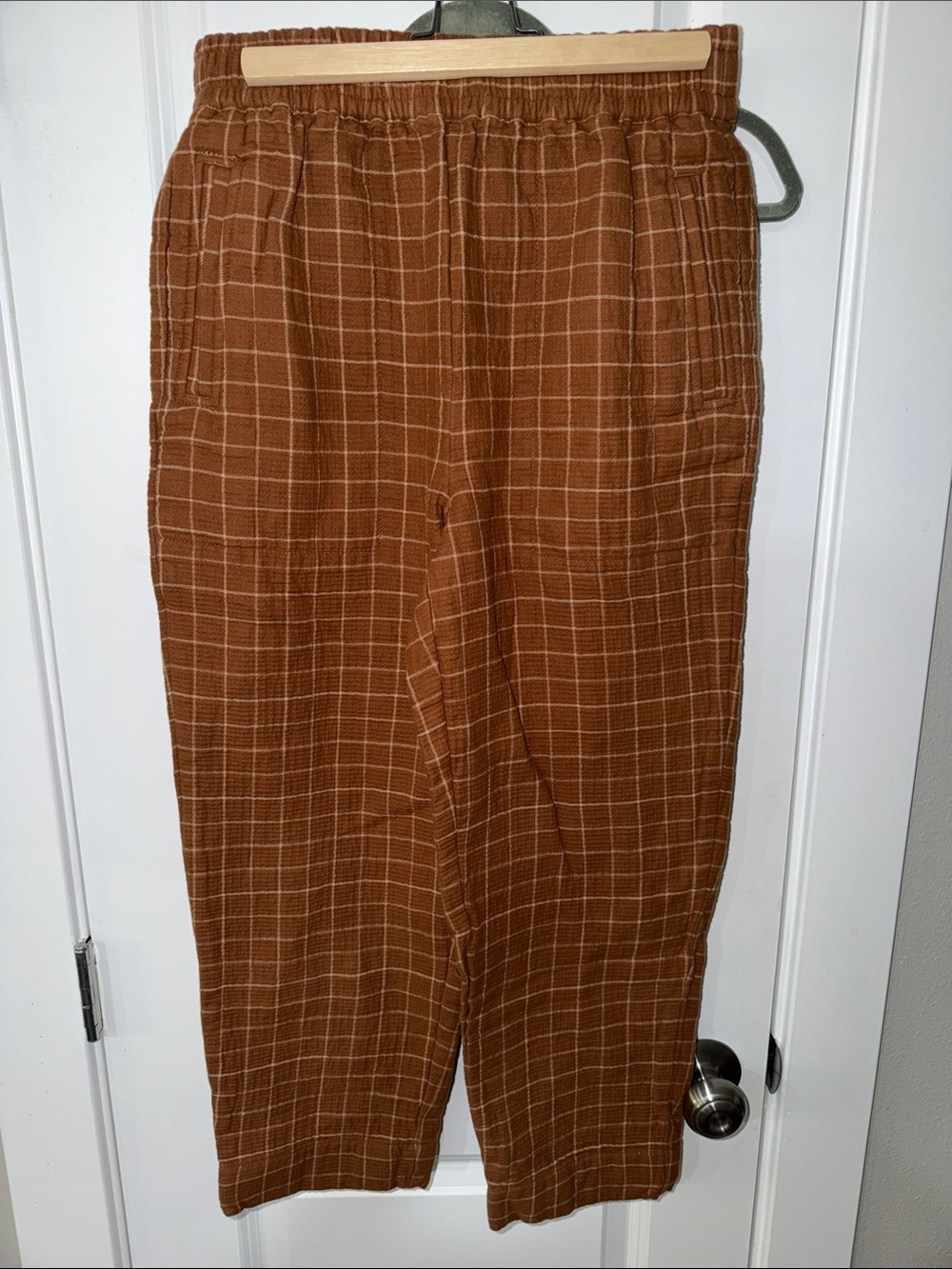 Casual Grid-Pattern Elastic Waist Pants - Brown